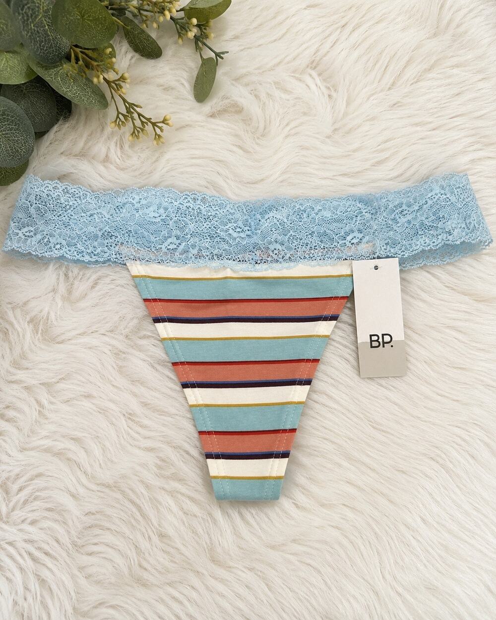 BP. Lace Trim Thong Panties Underwear Coral Nori Stripe. Cotton. Size Medium.